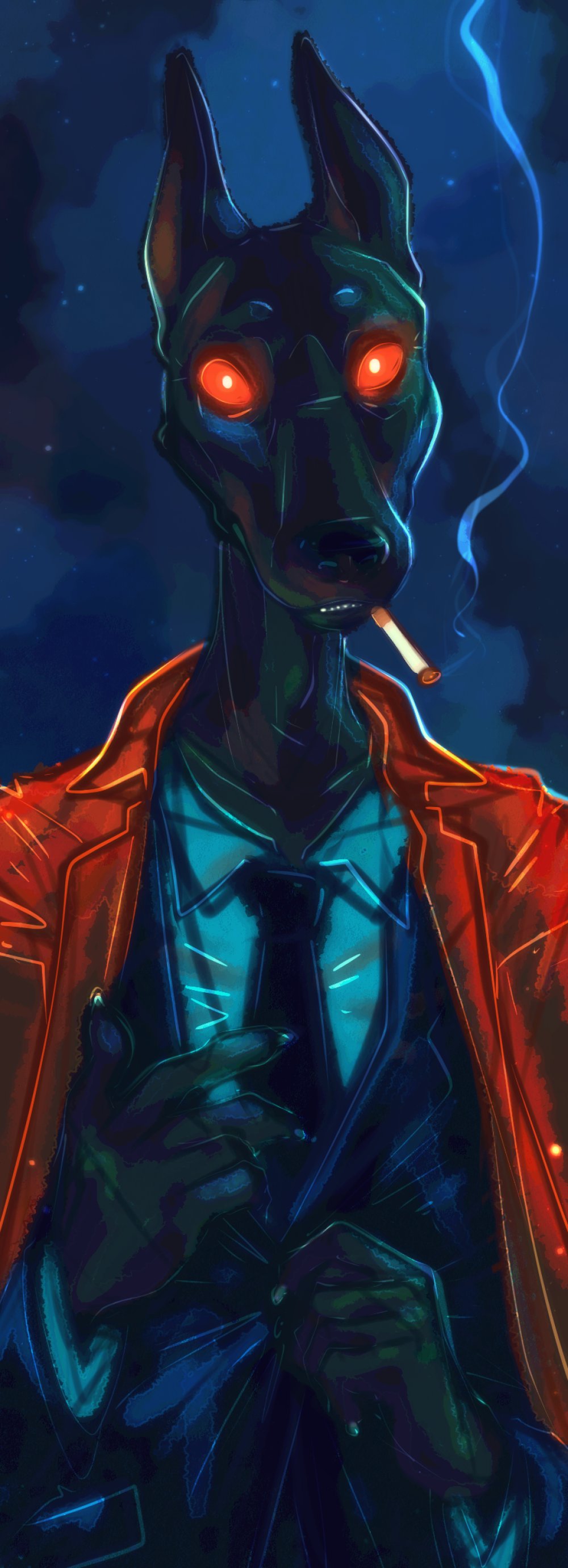 absurd_res anthro canid canine canis cigarette circle_eyebrows clothing dimwitdog dobermann domestic_dog eyebrows glowing glowing_eyes hi_res long_neck looking_at_viewer male mammal necktie night orange_sclera pawpads pinscher pupils shirt smoking solo star suit topwear white_pupils