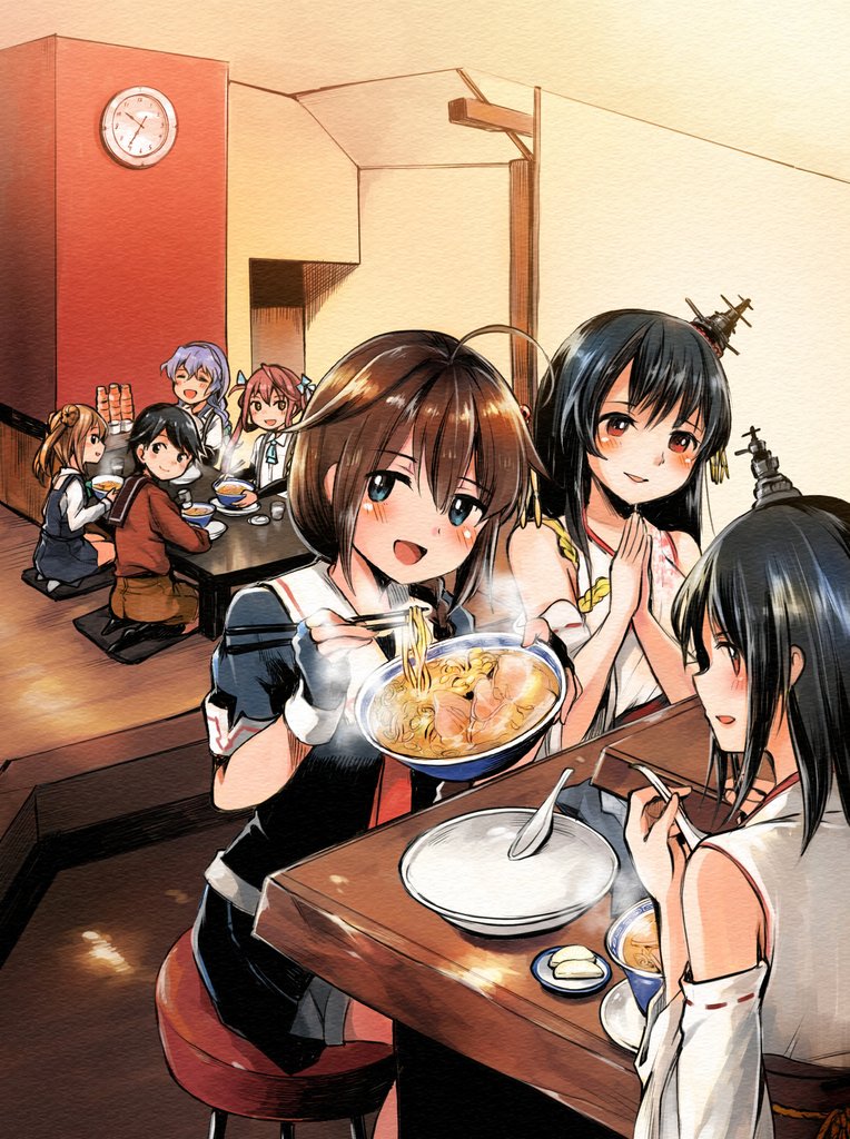 6+girls :d ahoge arm_warmers artist_name asagumo_(kantai_collection) ascot bangs black_dress black_gloves black_hair black_serafuku black_skirt blue_bow blue_eyes blue_neckwear blush bow bowl braid brown_eyes brown_hair brown_sailor_collar brown_shorts chopsticks clock closed_eyes collared_shirt commentary_request cushion detached_sleeves dish double_bun dress dress_shirt fingerless_gloves food food_request fusou_(kantai_collection) gloves grey_hair hair_between_eyes hair_bow hair_flaps hair_ornament hair_over_shoulder hair_rings headgear holding holding_chopsticks holding_spoon indoors kantai_collection kirisawa_juuzou long_hair long_sleeves looking_at_viewer looking_back medium_hair michishio_(kantai_collection) mogami_(kantai_collection) multiple_girls nontraditional_miko noodles open_mouth own_hands_together pinafore_dress plate pleated_skirt ramen red_eyes red_neckwear remodel_(kantai_collection) ribbon-trimmed_sleeves ribbon_trim rice_spoon sailor_collar school_uniform seiza serafuku shigure_(kantai_collection) shirt short_hair short_sleeves shorts sideways_mouth single_braid sitting skirt smile spoon steam stool suspenders table translation_request twintails wall_clock white_sailor_collar white_shirt yamagumo_(kantai_collection) yamashiro_(kantai_collection)