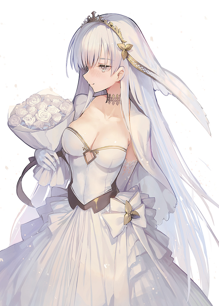 1girl anastasia_(fate) arm_behind_back bangs blush bouquet bow breasts bridal_veil cape choker cleavage closed_mouth collarbone commentary dress elbow_gloves eyebrows_visible_through_hair fate/grand_order fate_(series) flower gloves green_eyes holding holding_bouquet medium_breasts ritsuki rose signature silver_hair simple_background smile solo straight_hair strapless strapless_dress veil wedding_dress white_background white_bow white_cape white_flower white_gloves white_rose white_theme
