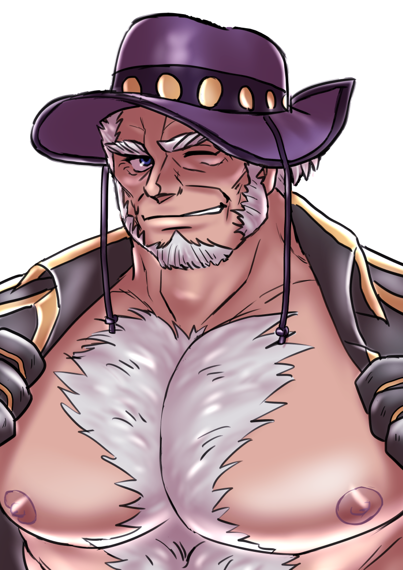 1boy bara bare_chest blue_eyes chest chest_hair coat facial_hair goatee grey_hair hairy live_a_hero male_focus marfik_(live_a_hero) muscle nipples old_man open_clothes open_coat pectoral_focus pikako182 purple_headwear short_hair sideburns solo upper_body