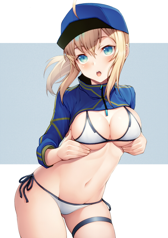 1girl :o ahoge aqua_eyes artoria_pendragon_(all) bangs banned_artist baseball_cap bikini black_ribbon blonde_hair blue_headwear blush breast_hold breasts cleavage commentary_request contrapposto cowboy_shot eyebrows_visible_through_hair fate/grand_order fate_(series) hat kyoeiki long_hair long_sleeves looking_at_viewer medium_breasts mysterious_heroine_xx_(foreigner) navel open_mouth ponytail ribbon shrug_(clothing) side-tie_bikini sidelocks skindentation solo stomach swimsuit thigh_strap two-tone_background white_bikini zipper_pull_tab