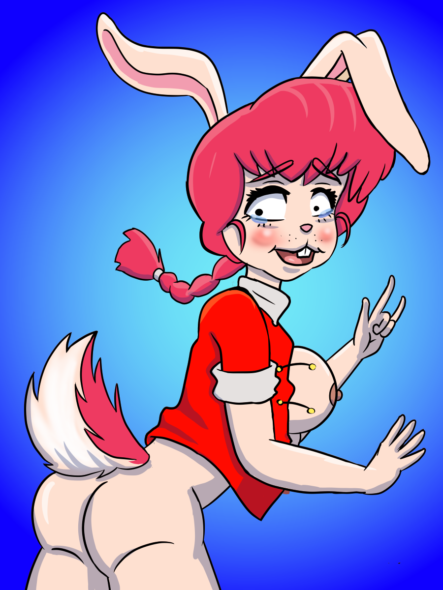 3:4 anthro bottomless breasts butt clothed clothing crossgender female hi_res jadetail lagomorph langomorph leporid mammal rabbit ranma_1/2 ranma_saotome solo transformation