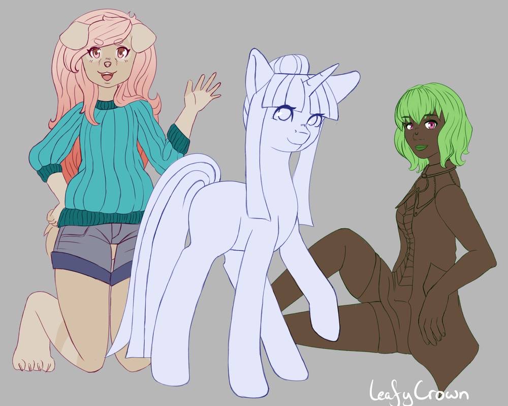 2017 anthro bailee bottomwear breasts brown_body brown_fur canid canine canis clothed clothing dark_skin digital_drawing_(artwork) digital_media_(artwork) domestic_dog equid equine female feral friendship_is_magic fur green_hair group hair hasbro horn horse human leafycrown long_hair looking_at_viewer mammal my_little_pony open_mouth pear_shaped pink_hair pony shiba_inu shorts simple_background smile spitz sweater topwear unicorn