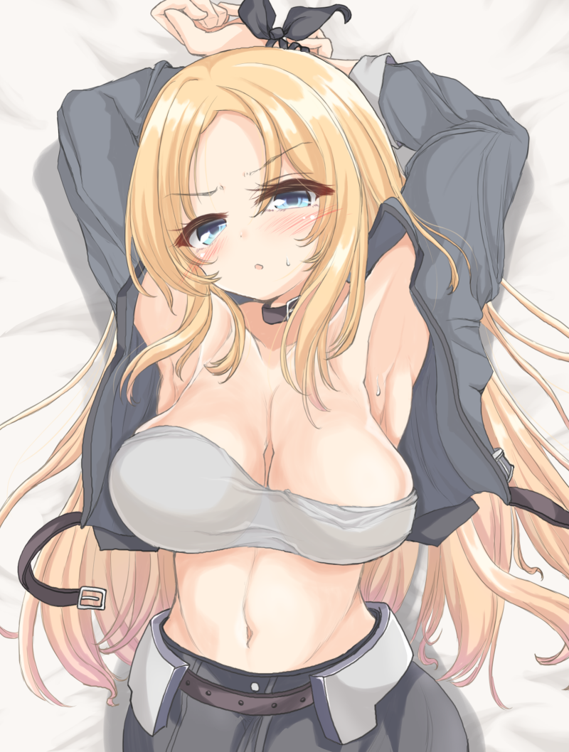 1girl armpits arms_up black_shorts blonde_hair blue_eyes bound bound_wrists breasts grey_jacket jacket kantai_collection kasashi_(kasasi008) large_breasts long_hair long_sleeves lying nelson_(kantai_collection) official_alternate_costume on_back open_clothes open_jacket race_queen shorts solo strapless tubetop upper_body