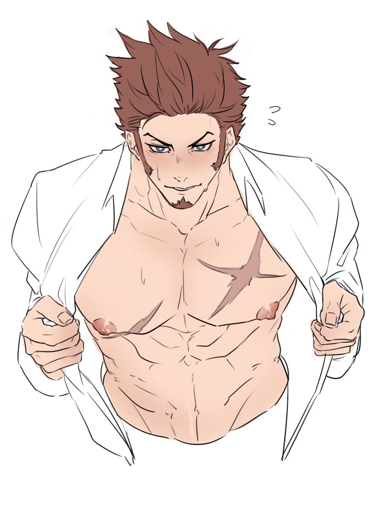 1boy abs alternate_costume bara bare_chest blue_eyes blush brown_hair casual chest chest_scar cropped_torso enomoto_(guroria009) facial_hair fate/grand_order fate_(series) goatee male_focus muscle napoleon_bonaparte_(fate/grand_order) navel nipples open_clothes open_shirt scar shirt short_hair sideburns solo undressing wet white_background white_shirt