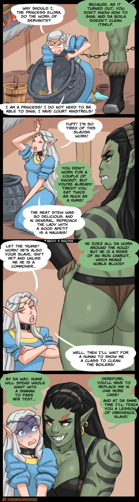 big_breasts bodily_fluids breasts butt chain collar comic duo elf elora_(flick) english_text female female/female flick-the-thief grash hand_on_hip hi_res humanoid larger_female leash not_furry orc size_difference smaller_female sweat text