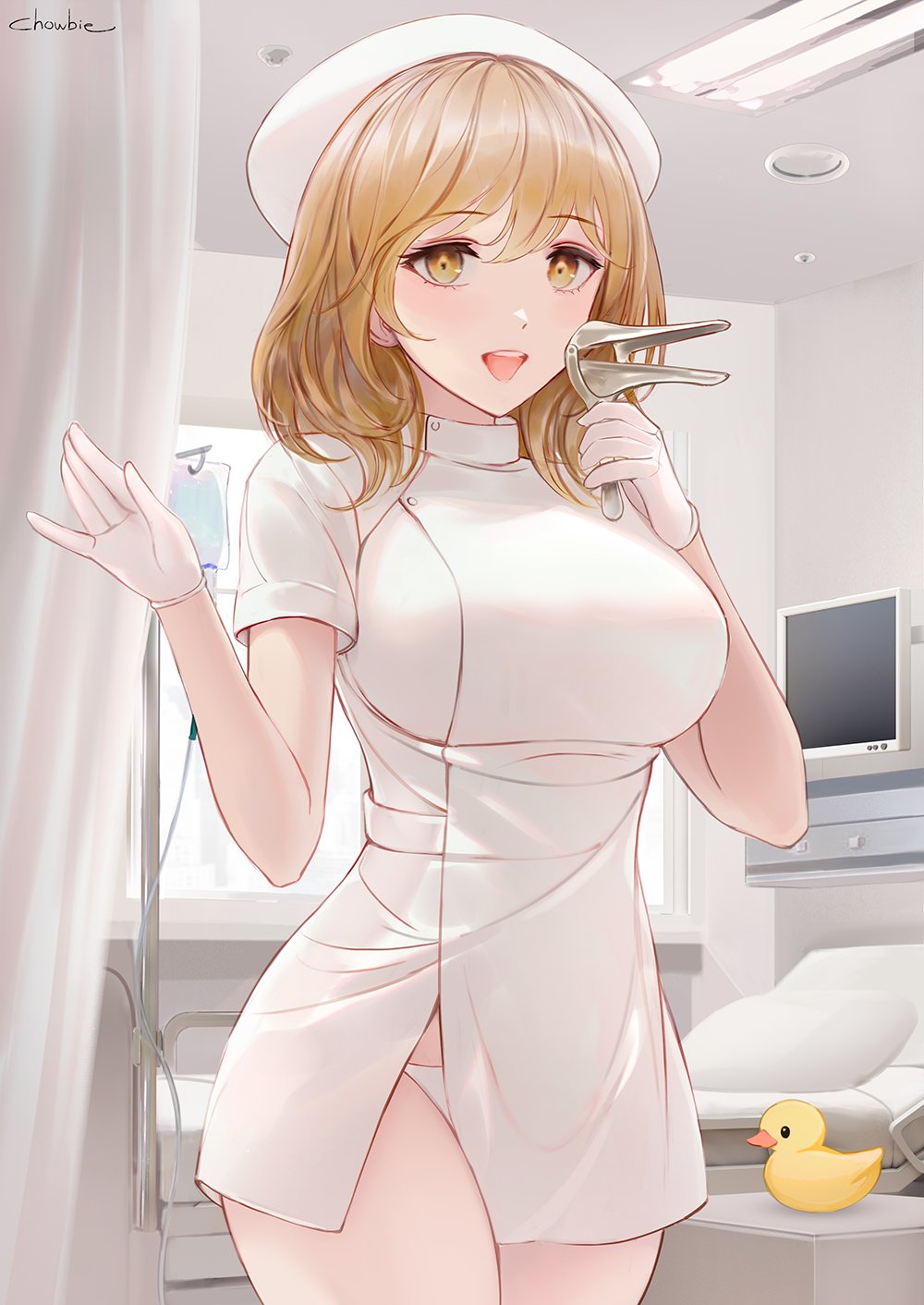 1girl artist_name bangs bed blonde_hair blush breasts chowbie commentary_request eyebrows_visible_through_hair eyelashes gloves hat highres hospital_bed intravenous_drip large_breasts light looking_at_viewer medium_hair monitor nurse nurse_cap open_mouth original panties pillow round_teeth rubber_duck side_slit speculum teeth underwear white_gloves white_panties window yellow_eyes