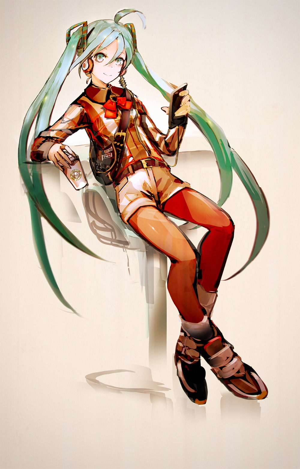 1girl ahoge bag casual cup digital_media_player green_eyes green_hair hair_ornament hatsune_miku headphones highres long_hair pantyhose photoshop_(medium) red_legwear satchel shoes shorts sitting smile sneakers so-bin socks_over_pantyhose solo starbucks stool twintails very_long_hair vocaloid