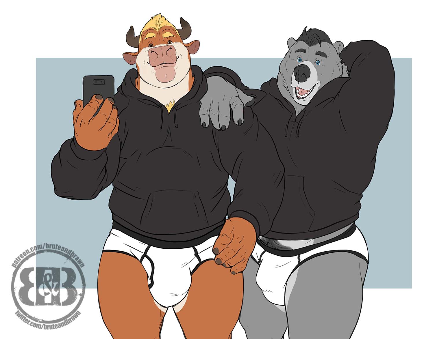 2020 5_fingers anthro asher_(bruteandbrawn) black_clothing black_hair black_hoodie black_nose black_topwear blonde_hair blue_eyes body_hair bovid bovine brown_body brown_eyes brown_fur bruteandbrawn bulge cattle chest_hair clothing digital_media_(artwork) duo fingers fur grey_body grey_fur grin hair hand_behind_head hand_on_shoulder holding_object holding_phone hoodie horn looking_at_viewer male mammal multicolored_body multicolored_fur musclegut open_mouth overweight overweight_anthro overweight_male phone pink_nose pubes simple_background smile standing tan_body tan_fur three-quarter_view topwear torben two_tone_body two_tone_fur underwear ursid watermark white_clothing white_underwear