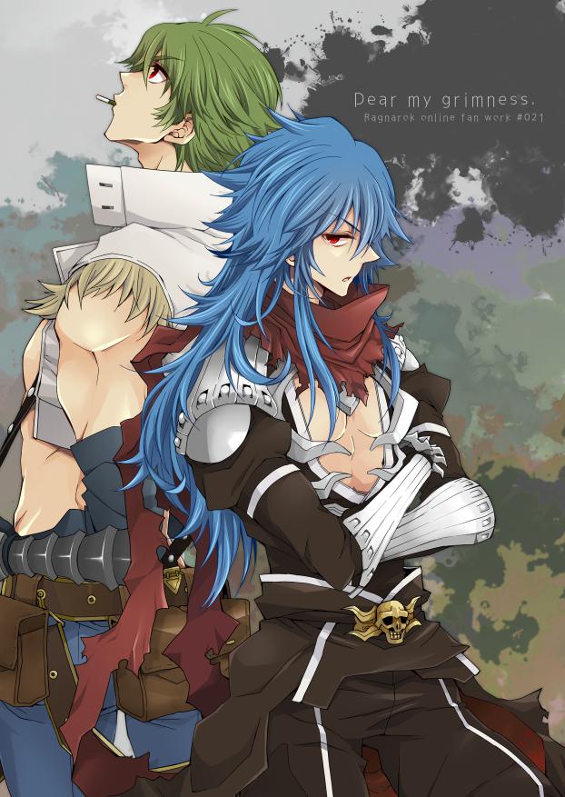 2boys armor assassin_cross_(ragnarok_online) bangs bare_chest belt black_cape black_pants black_shirt blue_pants cape cigarette commentary_request cowboy_shot crossed_arms english_text engrish_text eremes_guile eyebrows_visible_through_hair gauntlets hair_between_eyes high_collar howard_alt-eisen long_hair long_sleeves looking_at_viewer looking_up multiple_boys muscle pants pauldrons pouch ragnarok_online ranguage red_cape red_eyes red_scarf scarf shirt short_hair shoulder_armor skull sleeveless solo sptbird standing studded_belt torn_scarf two-sided_cape two-sided_fabric utility_belt vest waist_cape white_vest whitesmith_(ragnarok_online)