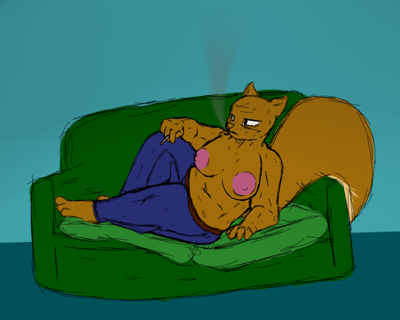 5:4 anthro areola axentooth belt big_areola big_breasts bottomwear breasts brown_body brown_fur cigarette clothed clothing colored_sketch denim denim_clothing female fur furniture illah_(axentooth) jeans mammal mature_female pants rodent sciurid sitting smoke smoking sofa solo topless