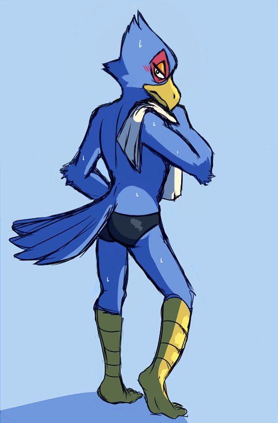 anthro avian bird black_clothing black_swimwear blue_background blush butt clothing falco_lombardi feet holding_towel humanoid_feet looking_back male nintendo parrot shadow simple_background soles solo speedo star_fox swear swimwear thegreatmatsutzu towel video_games