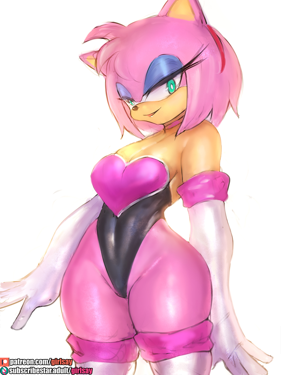 amy_rose anthro armwear boots clothing cosplay curvy_figure elbow_gloves eulipotyphlan eyelashes eyeshadow female footwear girlsay gloves handwear hedgehog hi_res legwear leotard makeup mammal rubber solo solo_focus sonic_the_hedgehog_(series) thick_thighs thigh_boots thigh_highs