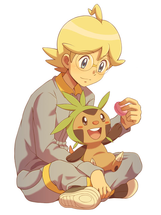1boy ahoge bangs blonde_hair chespin clemont_(pokemon) closed_mouth commentary_request cyaneko eyebrows_visible_through_hair feeding gen_6_pokemon glasses holding jumpsuit long_sleeves looking_down official_style on_lap pokemon pokemon_(anime) pokemon_(creature) pokemon_on_lap pokemon_xy_(anime) shoes sitting smile