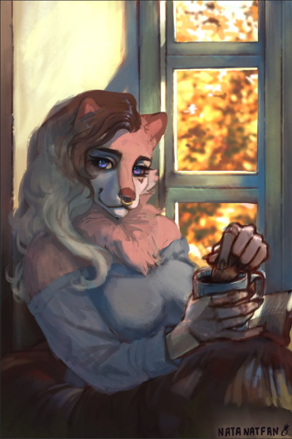 &lt;3 anthro autumn bedding beverage biscuit_(food) blanket blue_eyes brown_hair canid canine canis charlotte_genevieve chest_tuft clothed clothing coffee_mug colored cookie cup detailed detailed_background digital_drawing_(artwork) digital_media_(artwork) digital_painting_(artwork) dipping domestic_dog facial_piercing female fingers fluffy fluffy_tail food fur furniture hair half-shaved_hair heart_marking highlights_(coloring) holding_cup holding_object hot_chocolate humanoid_hands inside light lighting long_hair looking_at_viewer mammal multicolored_body multicolored_fur multicolored_hair natfan neck_tuft nordic_sled_dog nose_piercing nose_ring off_shoulder off_shoulder_sweater piercing pink_body pink_fur pink_skin samoyed septum_piercing shaded sitting smile solo spitz sweater topwear tuft wavy_hair white_hair window window_seat