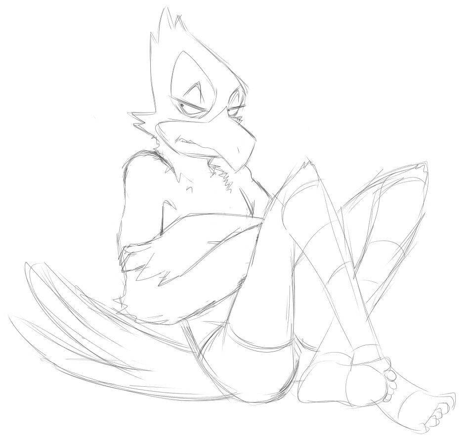 annoyed anthro barefoot black_and_white boxer_briefs clothed clothing crossed_arms crossed_legs falco_lombardi grumpy male monochrome nintendo open_mouth simple_background sitting sketch solo star_fox teeth_showing thegreatmatsutzu topless underwear video_games white_background