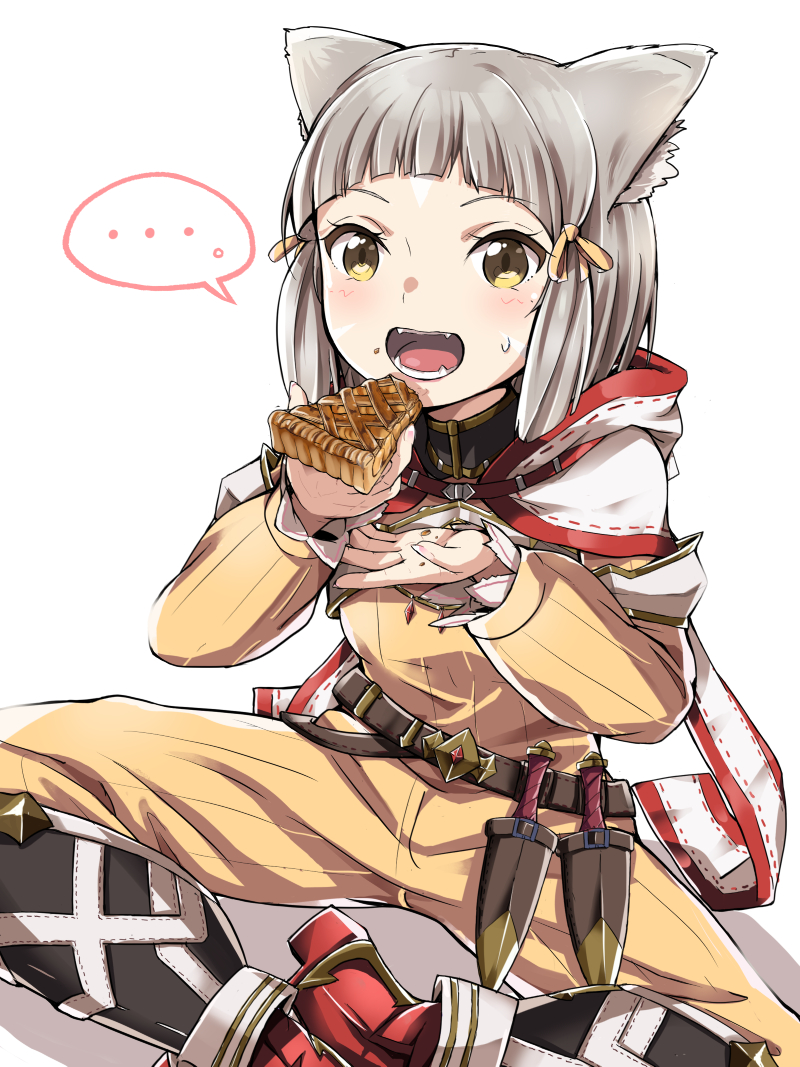 ... 1girl animal_ears bangs blunt_bangs blush bodysuit cat_ears dagger facial_mark fangs flat_chest food gloves indian_style looking_at_viewer nia_(xenoblade) open_mouth pie red_footwear roshia_nise_mango short_hair silver_hair simple_background sitting spoken_ellipsis weapon white_background white_gloves xenoblade_chronicles_(series) xenoblade_chronicles_2 yellow_bodysuit yellow_eyes