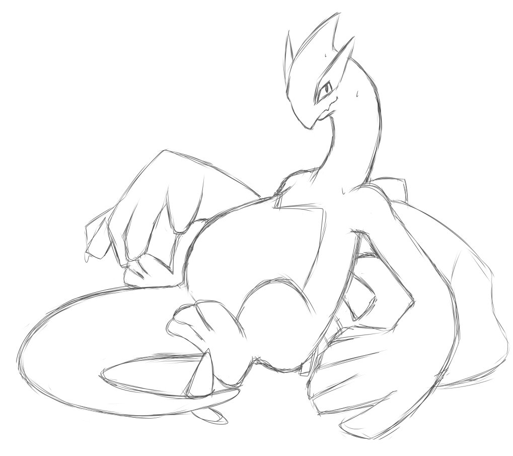 belly big_belly big_wings black_and_white bodily_fluids legendary_pok&eacute;mon long_tail lugia male monochrome nintendo pok&eacute;mon pok&eacute;mon_(species) simple_background sitting sketch smile solo sweat thegreatmatsutzu video_games white_background wings