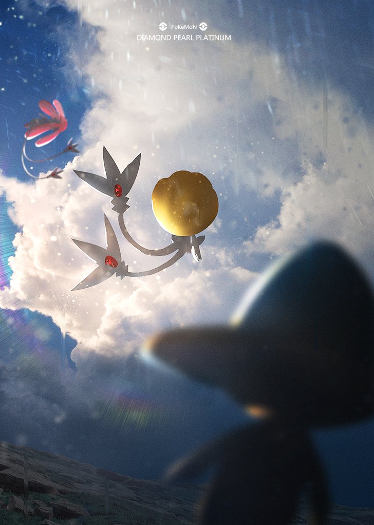 azelf blurry_foreground cloud commentary_request copyright_name day gen_4_pokemon legendary_pokemon mesprit otsumami_(bu-bu-heaven) outdoors poke_ball_symbol pokemon pokemon_(creature) sky uxie