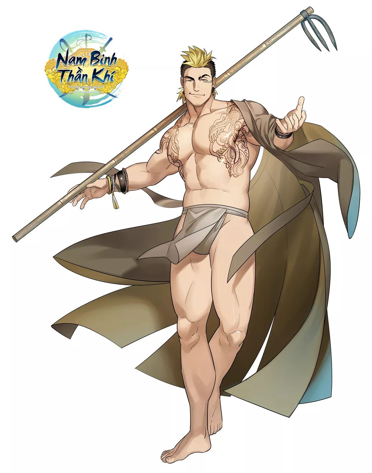 1boy abs bara bare_chest barefoot blonde_hair brown_hair bulge chest full_body highres kienbiu loincloth male_focus medium_hair mohawk multicolored_hair muscle nambinhthankhi navel nipples official_art over_shoulder pelvic_curtain polearm shoulder_tattoo sideburns solo tattoo thick_thighs thighs two-tone_hair undressing vambraces weapon weapon_over_shoulder wide_sleeves