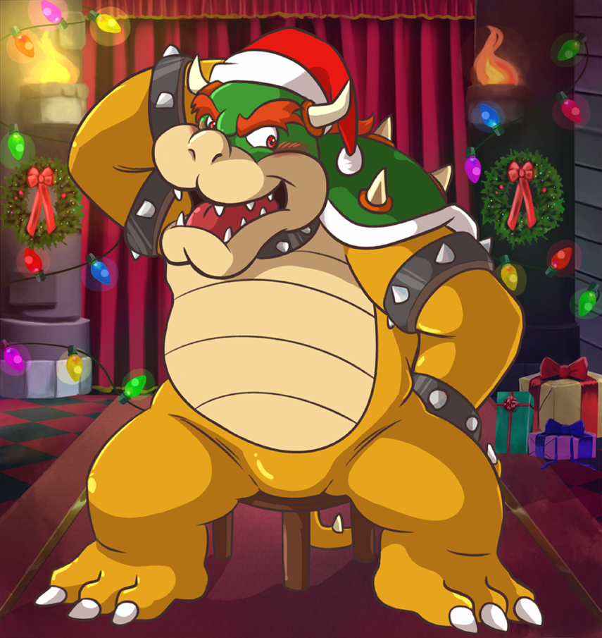 anthro blush bowser christmas christmas_lights christmas_present christmas_wreath clothing cuffs_(disambiguation) curtains furniture hand_behind_head hat headgear headwear holidays horn inside male mario_bros nintendo open_mouth santa_hat sitting solo spikes stool teeth_showing thegreatmatsutzu tongue_showing video_games