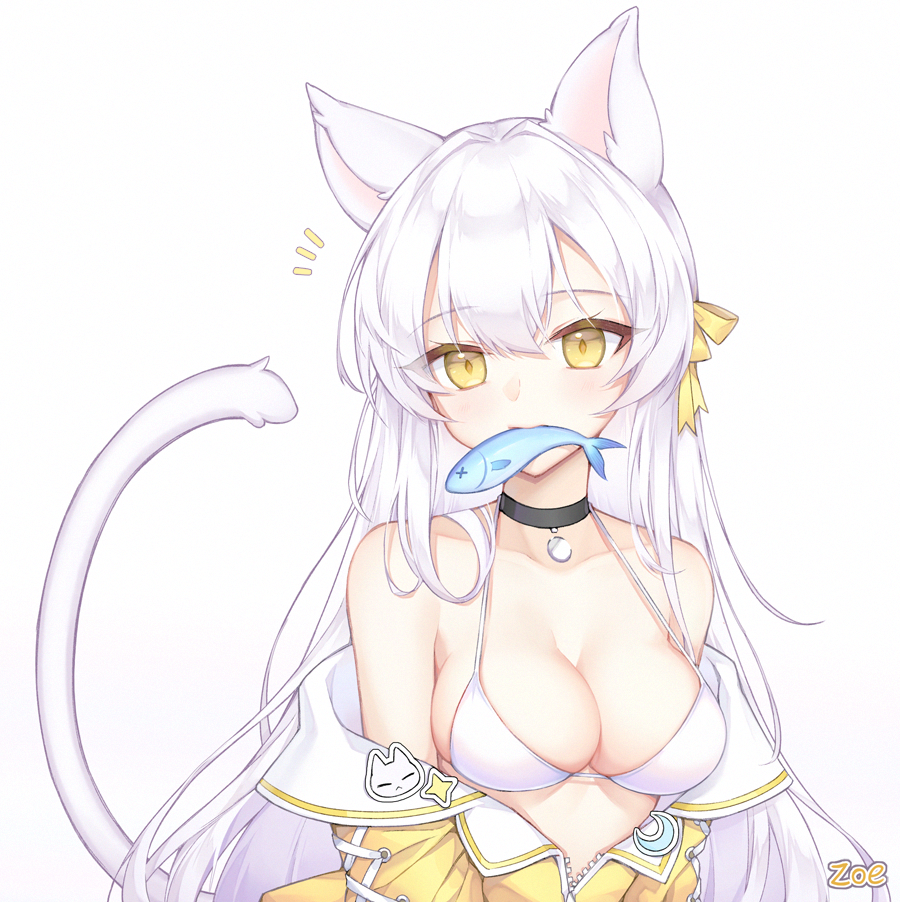 /\/\/\ 1girl animal_ears badge bangs bare_shoulders bikini black_choker blush breasts button_badge cat_ears cat_girl cat_tail choker cleavage collarbone commentary_request eyebrows_visible_through_hair fish fish_in_mouth jacket long_hair looking_at_viewer medium_breasts mouth_hold off_shoulder open_clothes open_jacket original partially_unzipped pong_(vndn124) silver_hair simple_background solo swimsuit tail upper_body very_long_hair white_background white_bikini x_x yellow_eyes yellow_jacket