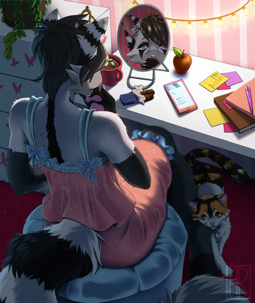 2020 anthro black_hair breasts clothed clothing digital_media_(artwork) domestic_cat felid feline felis female hair mammal rayley sitting