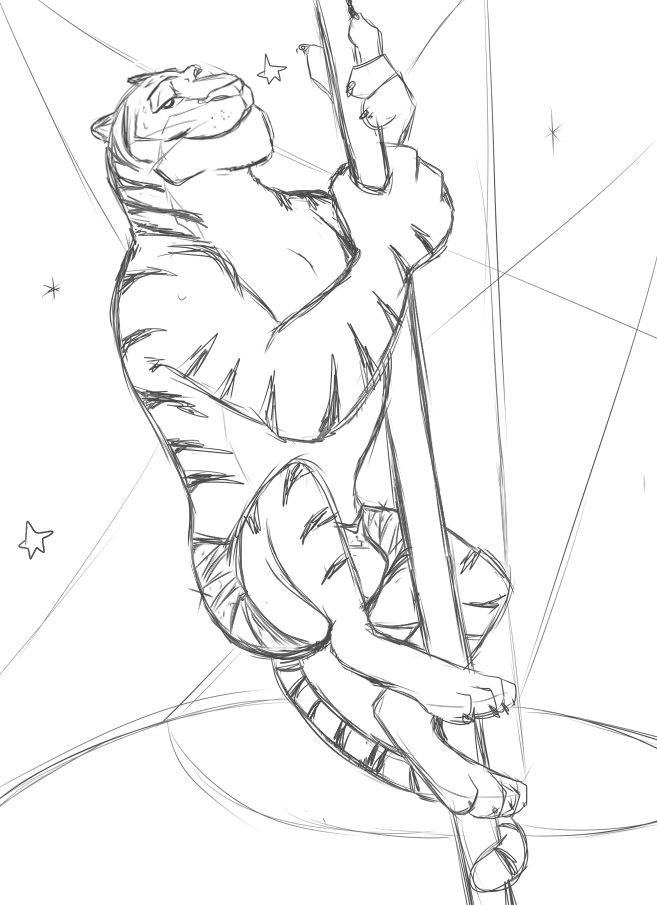 anthro barefoot black_and_white bottomwear bulge claws clothed clothing dancing disney felid male mammal monochrome pantherine pole pole_dancing shorts simple_background sketch smile smirk solo stage star stripes thegreatmatsutzu tiger tiger_dancer_(zootopia) toe_claws topless whiskers white_background zootopia