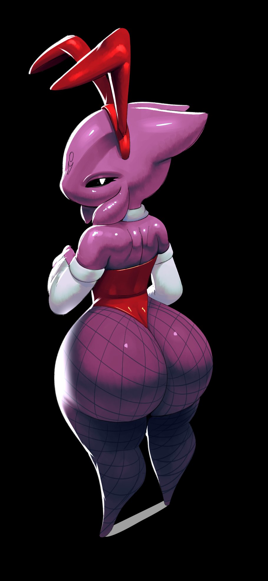 2020 alien anthro beri_(sqoon) big_butt bunny_costume butt clothing costume digital_media_(artwork) female glistening glistening_body glistening_skin hi_res huge_butt humanoid looking_at_viewer looking_back looking_back_at_viewer male_(lore) purple_body purple_skin puwa simple_background solo sqoon thick_thighs