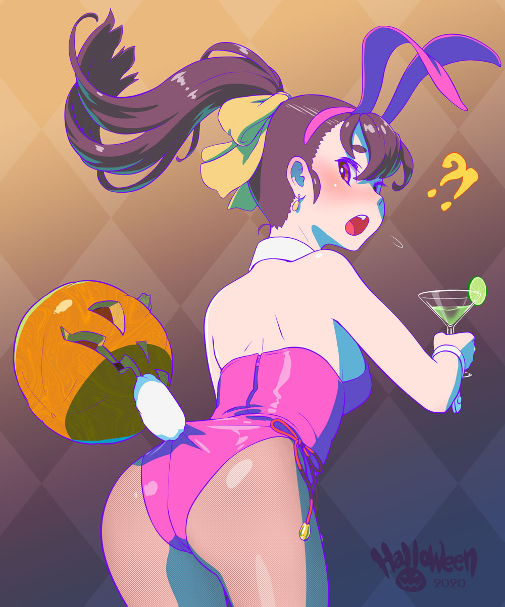 !? 1girl animal_ears brown_hair brown_legwear bunny_ears bunny_tail checkered checkered_background commentary_request cup detached_collar drinking_glass fishnet_legwear fishnets fukusuke_hachi-gou highres jack-o'-lantern leotard looking_back original pantyhose pink_leotard playboy_bunny ponytail pumpkin red_eyes strapless strapless_leotard tail wine_glass wrist_cuffs