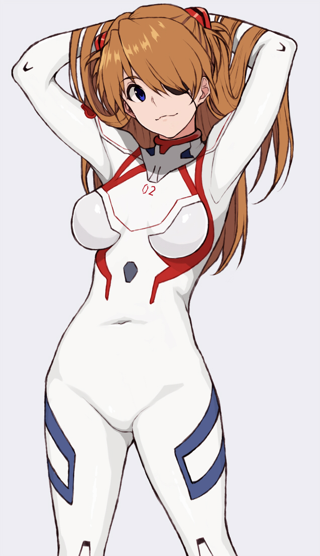 1girl arms_behind_head blue_eyes bodysuit breasts brown_hair cocq_taichou cowboy_shot evangelion:_3.0+1.0_thrice_upon_a_time eyepatch hair_over_one_eye looking_at_viewer medium_breasts multicolored multicolored_bodysuit multicolored_clothes neon_genesis_evangelion plugsuit rebuild_of_evangelion shikinami_asuka_langley simple_background solo souryuu_asuka_langley standing white_background white_bodysuit