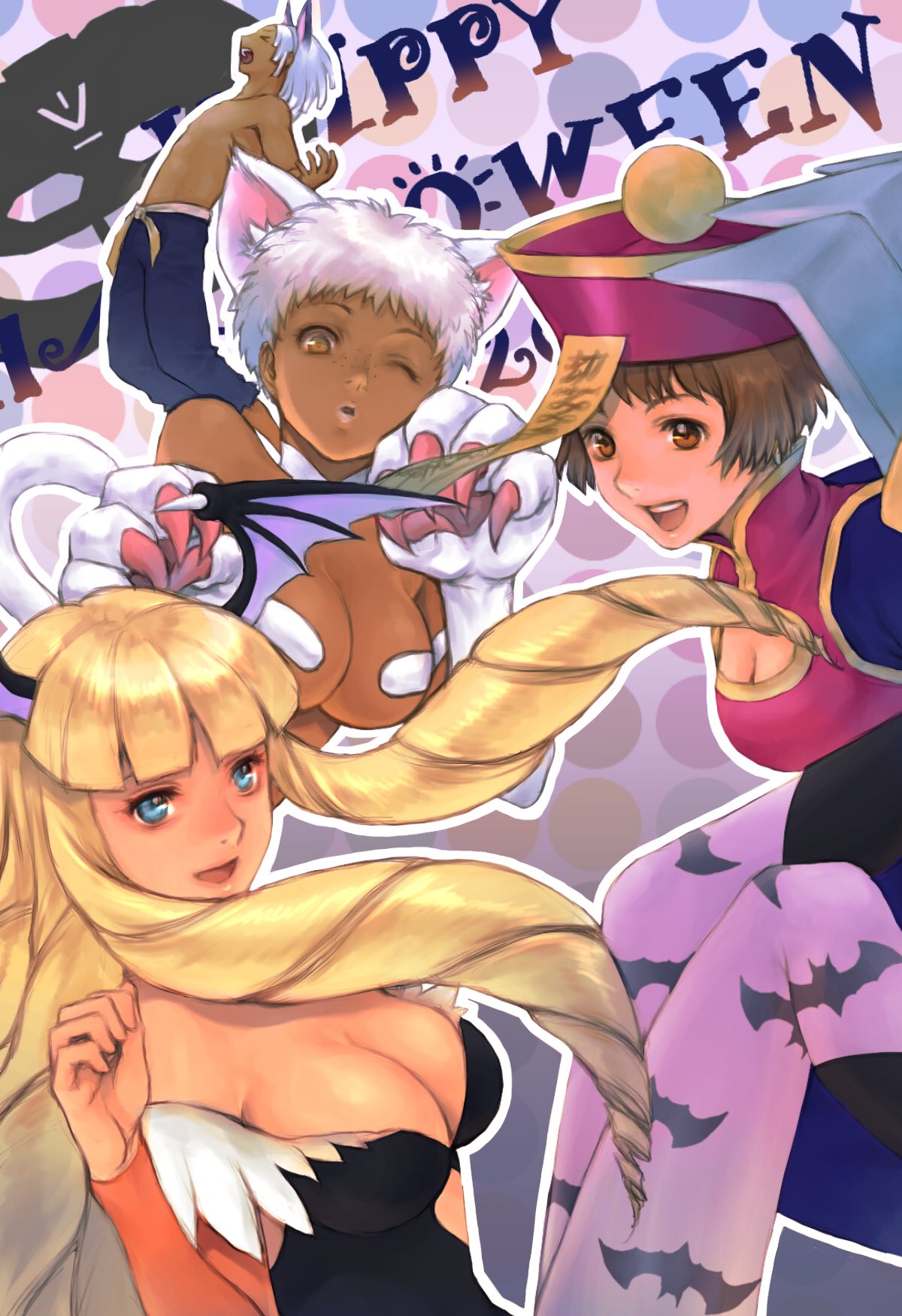 1boy 3girls animal_ear_fluff animal_ears bangs blonde_hair breasts brown_eyes brown_hair cat_ears cat_paw claw_pose cleavage cleavage_cutout clothing_cutout cosplay dark_skin dianna_soreil felicia_(vampire) felicia_(vampire)_(cosplay) gallon gallon_(cosplay) gundam halloween highres lei_lei lei_lei_(cosplay) long_hair looking_at_viewer loran_cehack medium_breasts miashei_kune morrigan_aensland morrigan_aensland_(cosplay) multiple_girls one_eye_closed short_hair sochie_heim takeda_yuuko talisman turn_a_gundam vampire_(game) white_hair