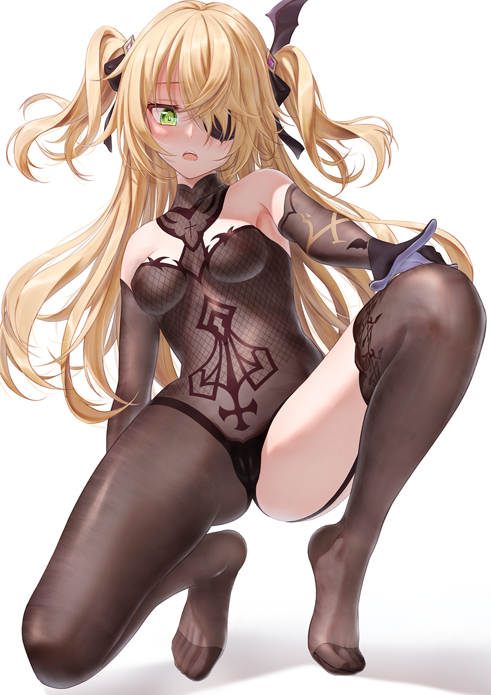 1girl ass bae.c bare_shoulders black_gloves blonde_hair bodysuit bow bowtie breasts brooch brown_legwear cameltoe detached_sleeves eyepatch feathers fine_fabric_emphasis fischl_(genshin_impact) fishnets garter_straps genshin_impact gloves hair_ornament hair_over_one_eye highres jewelry long_hair long_sleeves looking_at_viewer no_shoes one_knee open_mouth revealing_clothes simple_background single_leg_pantyhose single_thighhigh small_breasts solo thighhighs thighs two_side_up white_background
