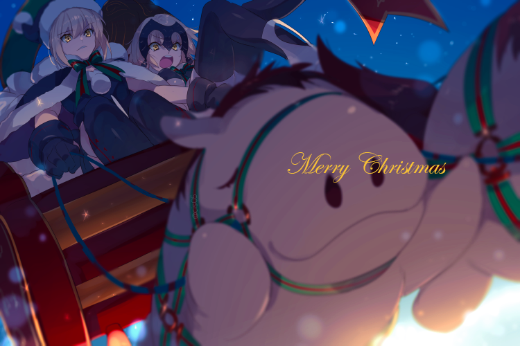 2girls artoria_pendragon_(all) bangs black_santa_costume blush breasts cis05 fate/grand_order fate_(series) fur_trim hat headpiece jeanne_d'arc_(alter)_(fate) jeanne_d'arc_(fate)_(all) large_breasts long_hair merry_christmas multiple_girls open_mouth santa_alter santa_costume santa_hat short_hair silver_hair sleigh thighhighs yellow_eyes