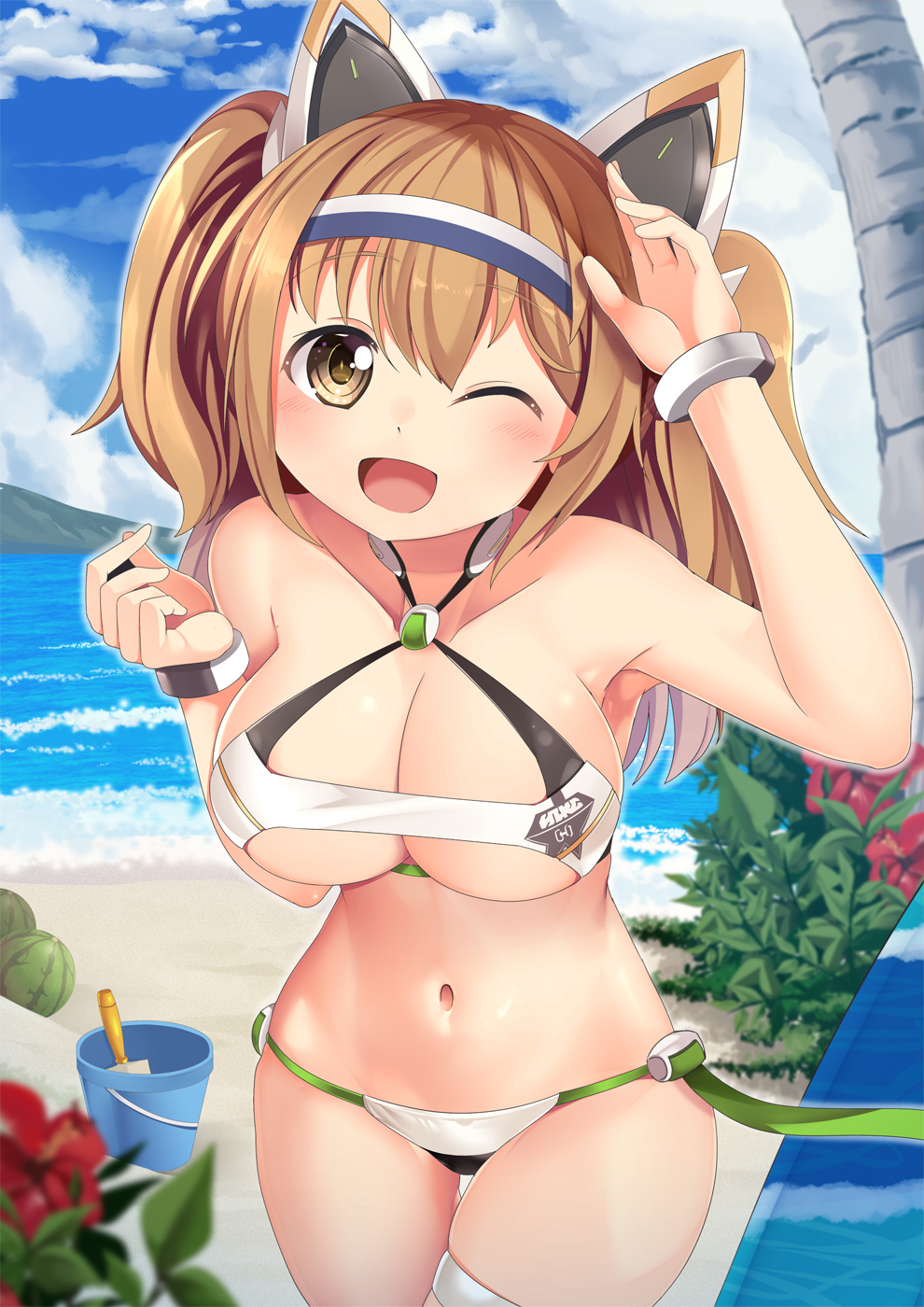 1girl ;d armpits bangs bare_shoulders beach bikini blue_sky blush bracelet breasts brown_eyes bucket cleavage cloud collarbone commentary_request cosplay cowboy_shot day eyebrows_visible_through_hair food fruit gene_(pso2) gene_(pso2)_(cosplay) groin hair_between_eyes hairband halter_top halterneck hand_up headgear highres i-26_(kantai_collection) jewelry kantai_collection large_breasts light_brown_hair long_hair looking_at_viewer midriff mountainous_horizon navel ocean one_eye_closed open_mouth outdoors palm_tree phantasy_star phantasy_star_online_2 shovel sidelocks skindentation sky smile solo standing swimsuit thigh_gap thigh_strap tree two-tone_hairband two_side_up underboob watermelon white_bikini yasume_yukito