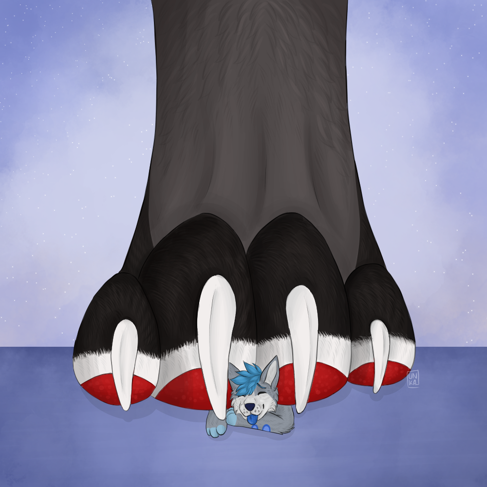 anthro caelkillara canid canine canis claws cypri3n domestic_dog duo female female/female foot_fetish foot_focus foot_play happy macro macromicro male male/female male/male mammal micro micro_on_macro micromacro pawpads paws puzzle samuelwolfo size_difference solo_focus stomped stomping top wolf