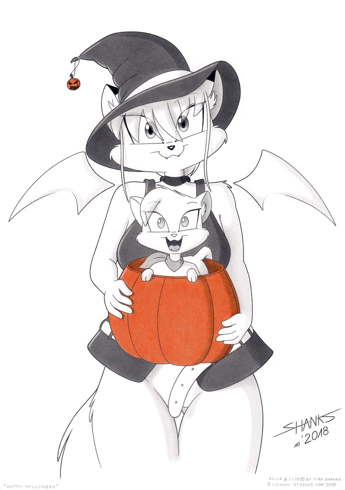 alica anthro bottomless canid canine cleo clothed clothing cosplay costume domestic_cat felid feline felis female feral food fox fruit halloween hat headgear headwear holidays humor magic_user mammal no_underwear plant pumpkin tirashanks_(artist) wings witch witch_hat