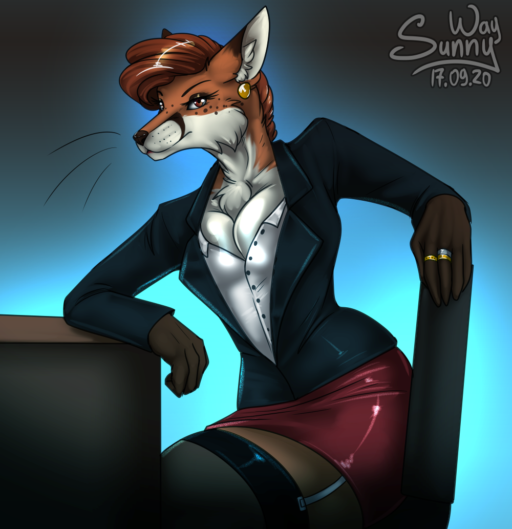 anthro artwork_(digital) boss bottomwear breasts canid canine clothing costume deadline digital_drawing_(artwork) digital_media_(artwork) ear_piercing female fox fur legwear mammal patreon_reward piercing pinup pose safe sketch skirt solo stockings suit sunny_way