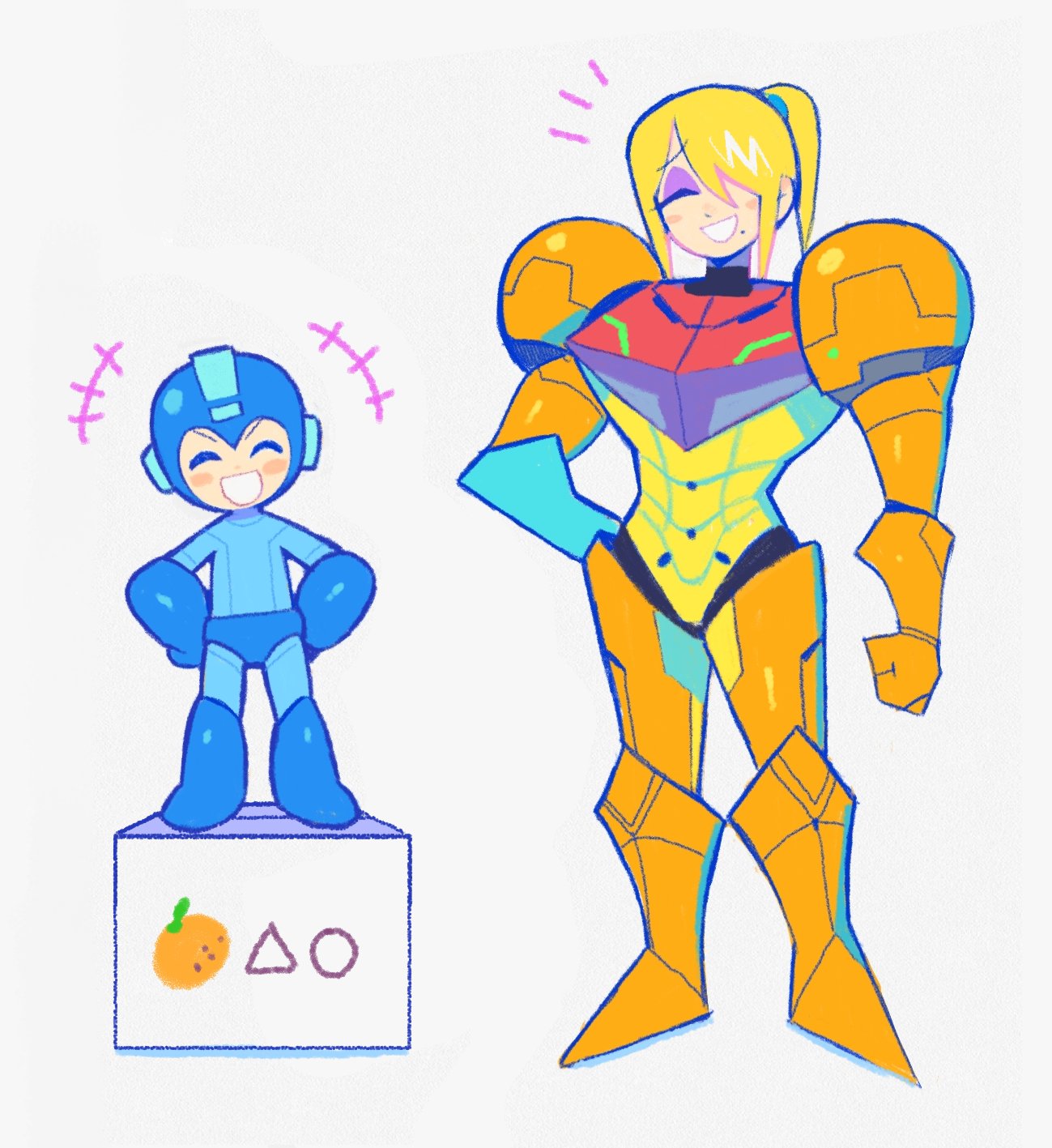 1boy 1girl blonde_hair blush box closed_eyes denaseey eyebrows_visible_through_hair hair_over_one_eye height_difference highres metroid open_mouth ponytail rockman rockman_(character) rockman_(classic) samus_aran simple_background smile standing standing_on_object white_background