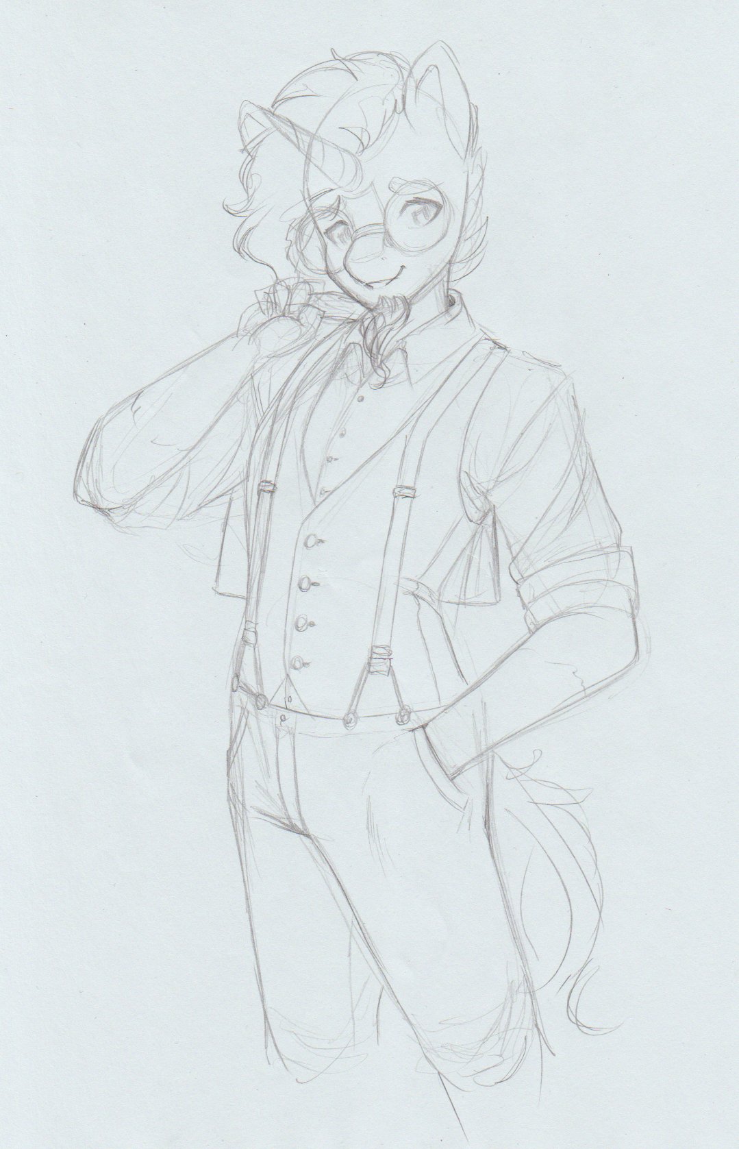 2020 anthro anthrofied clothing equid equine eyewear facial_hair friendship_is_magic glasses hand_in_pocket hasbro hi_res horn longinius looking_at_viewer male mammal my_little_pony pockets sketch solo sunburst_(mlp) suspenders topwear traditional_media_(artwork) unicorn vest