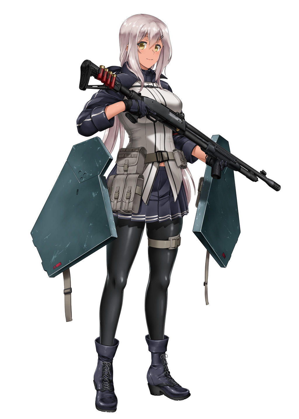 1girl armband armor belt black_gloves black_legwear boots building byeontae_jagga commentary_request cross-laced_footwear dark_skin full_body girls_frontline gloves gun hair_between_eyes hair_ornament hairclip highres holding holding_weapon korean_commentary long_hair looking_at_viewer m590_(girls_frontline) mossberg_590 pantyhose pleated_skirt pouch pump_action reflex_sight shotgun shotgun_shells sight silver_hair skirt solo tan thigh_strap trigger_discipline vertical_foregrip weapon white_background yellow_eyes