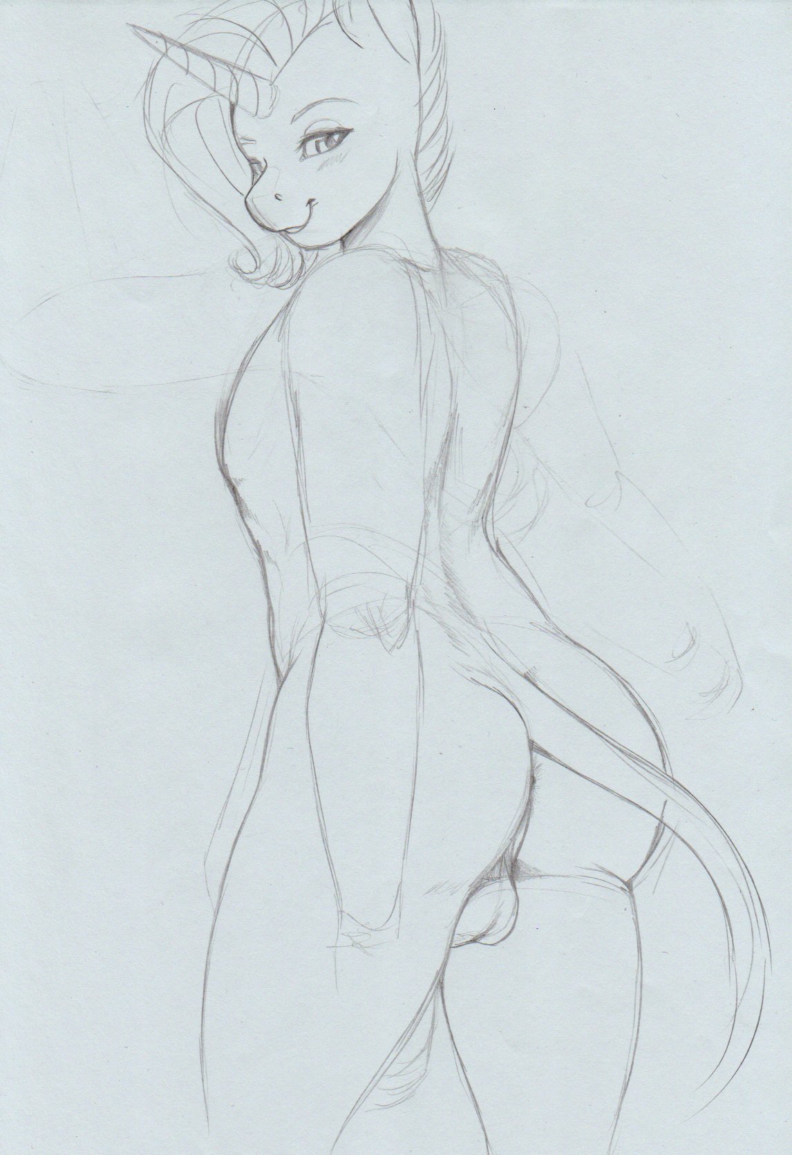 backsack balls butt equid equine fan_character genitals hasbro hi_res horn longinius looking_at_viewer looking_back male mammal my_little_pony nude pose sketch solo traditional_media_(artwork) unicorn yodi_(oc)