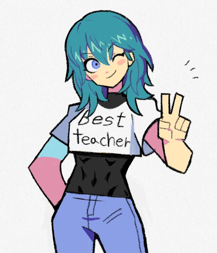 /\/\/\ 1girl abs alternate_costume black_bodysuit blue_eyes blue_pants blush bodysuit bodysuit_under_clothes byleth_(fire_emblem) byleth_(fire_emblem)_(female) casual contemporary covered_navel cowboy_shot denaseey english_text eyebrows_visible_through_hair fire_emblem fire_emblem:_three_houses one_eye_closed pants print_shirt shirt short_sleeves simple_background smile solo v white_background white_shirt