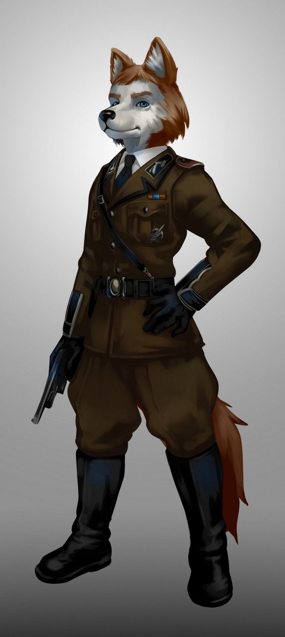 2018 belt black_nose blue_eyes canid canine canis clothing domestic_dog eyebrows fluffy fluffy_tail fur gloves gradient_background gun handwear hi_res husky inner_ear_fluff looking_at_viewer male mammal military military_boots military_clothing military_pants military_uniform necktie nordic_sled_dog orange_body orange_fur pimpartist ranged_weapon siberian_husky simple_background solo spitz standing traditional_media_(artwork) tuft uniform weapon