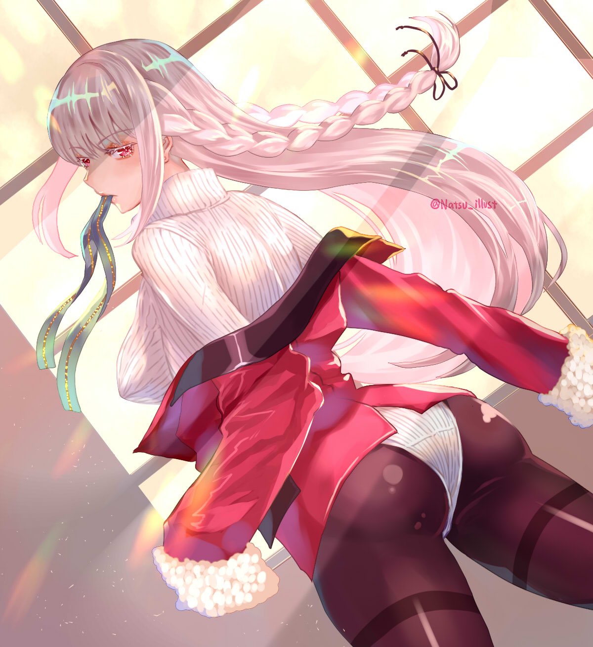 1girl black_legwear braid breasts eyebrows_visible_through_hair fate/grand_order fate_(series) florence_nightingale_(fate/grand_order) fur fur-trimmed_sleeves fur_trim highres jacket large_breasts long_hair looking_at_viewer looking_back natsujiru pink_hair red_eyes red_jacket ribbon solo sweater thighhighs turtleneck turtleneck_sweater window