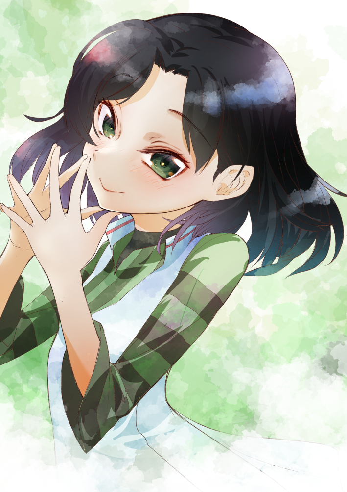 1girl bangs black_hair blush closed_mouth cluseller commentary_request dress flat_chest forehead green_background green_eyes green_shirt hair_intakes hands_together hands_up happy kemurikusa long_sleeves looking_at_viewer medium_hair riri_(kemurikusa) shirt simple_background sleeveless sleeveless_dress smile solo standing steepled_fingers striped striped_shirt upper_body white_dress