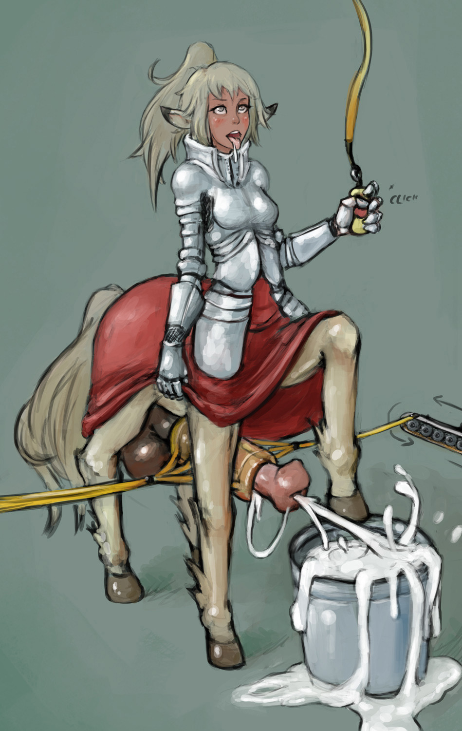 ahegao armor blush bodily_fluids bottomwear breastplate breasts centaur clothed clothing clothing_lift controller cum_bucket drooling ejaculation equid equid_taur fucking_machine gauntlets genitals gloves grey_eyes gynomorph hair handwear hi_res hooves intersex looking_pleasured machine mammal mammal_taur open_mouth orgasm penetrable_sex_toy penis ponytail quadruped remote_control saliva sex_toy skirt skirt_lift small_breasts solo syvaron taur tongue tongue_out