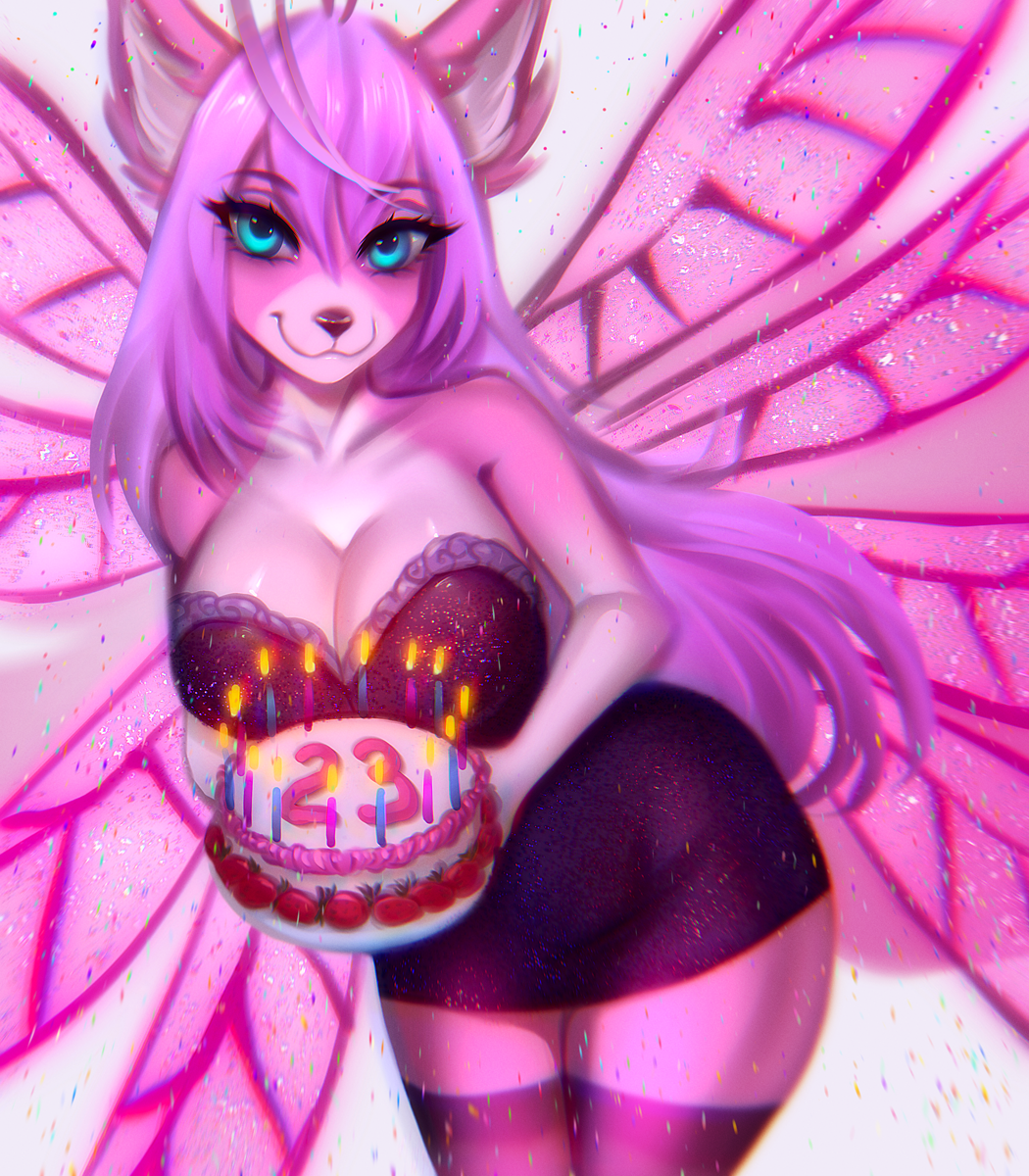 adorableinall ahoge anthro blue_eyes breasts cake candle canid canine canis cleavage clothed clothing digital_media_(artwork) eyelashes female food fur hair hi_res looking_at_viewer mammal mariah_veiethe purple_hair smile solo wings wolf