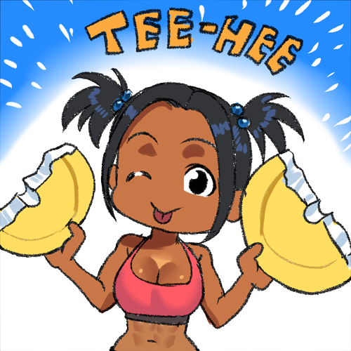 1girl ;p abs arung_samudra_(cessa) black_hair breasts cessa chibi cleavage commentary dark_skin english_commentary forehead hair_bobbles hair_ornament large_breasts lowres ombok_diving_and_delivery_services one_eye_closed pac-man_eyes pink_sports_bra short_twintails solo sports_bra styrofoam tongue tongue_out twintails very_dark_skin