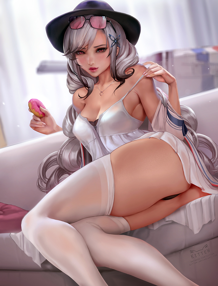 1girl ass azur_lane bangs blush breasts butterfly_hair_ornament cleavage daria_leonova dress dunkerque_(afternoon_aphrodite)_(azur_lane) dunkerque_(azur_lane) eyebrows_visible_through_hair eyewear_on_head grey_hair hair_ornament hat jacket jewelry large_breasts long_hair looking_at_viewer necklace panties red_eyes sidelocks sitting solo strap_slip sunglasses thighhighs thighs underwear white_dress white_jacket